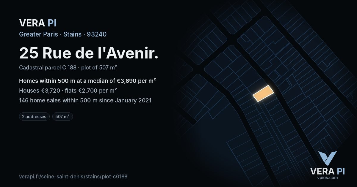 25 Rue de l'Avenir, Stains at night – the plot lit, the parcels around coloured by the prices near them