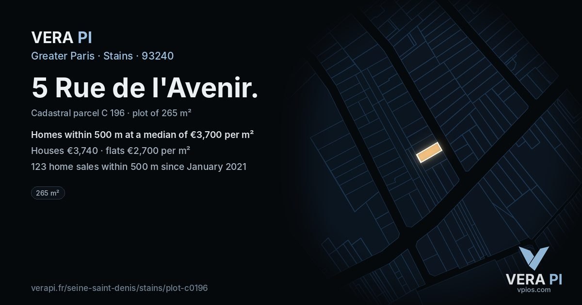 5 Rue de l'Avenir, Stains at night – the plot lit, the parcels around coloured by the prices near them