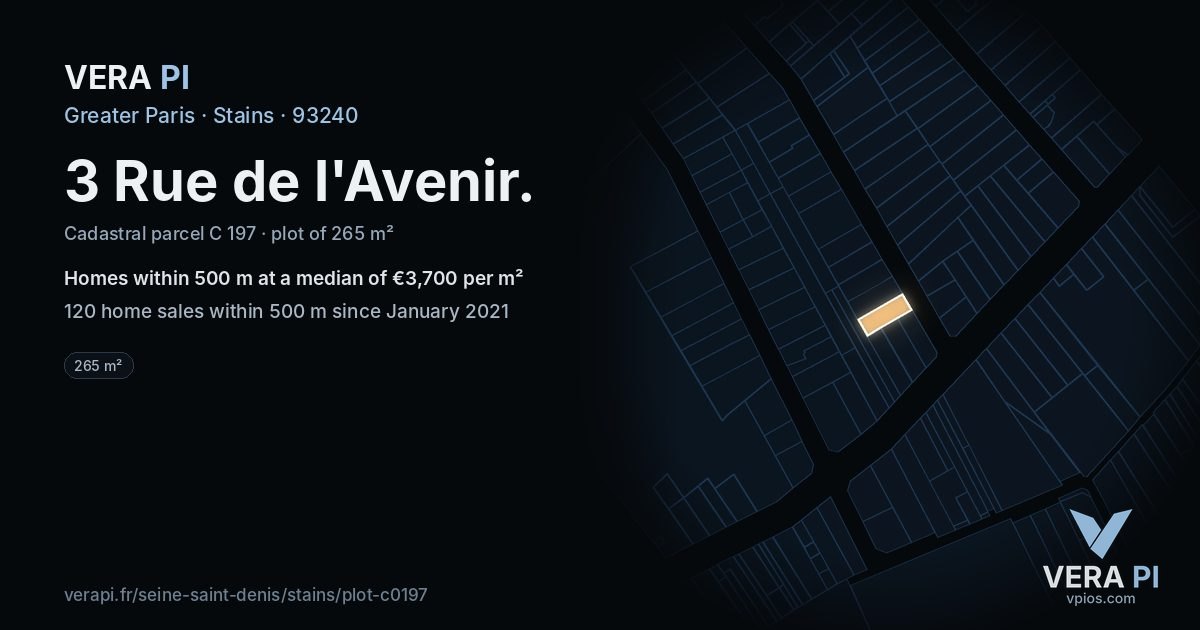 3 Rue de l'Avenir, Stains at night – the plot lit, the parcels around coloured by the prices near them