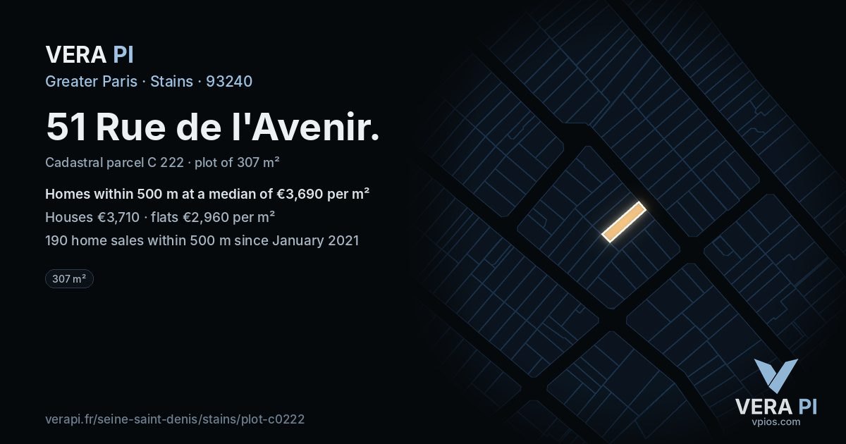 51 Rue de l'Avenir, Stains at night – the plot lit, the parcels around coloured by the prices near them