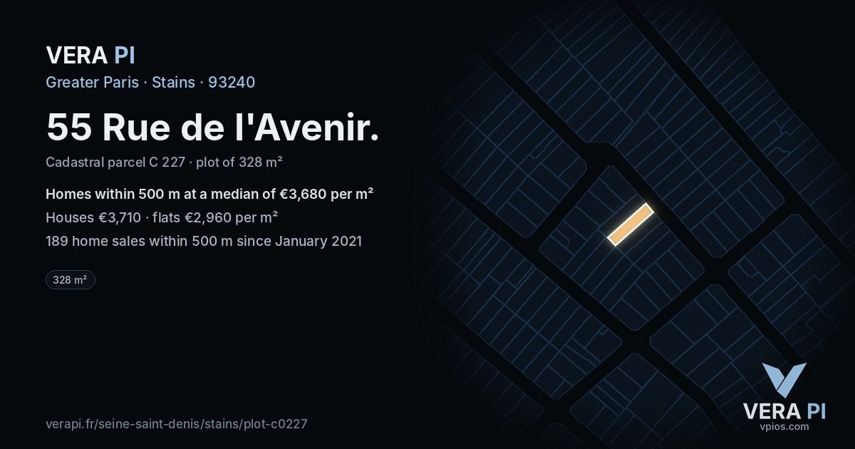 55 Rue de l'Avenir, Stains at night – the plot lit, the parcels around coloured by the prices near them
