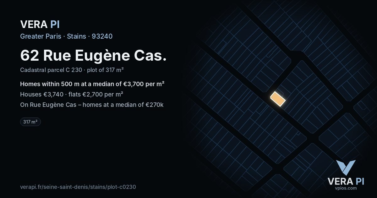 62 Rue Eugène Cas, Stains at night – the plot lit, the parcels around coloured by the prices near them