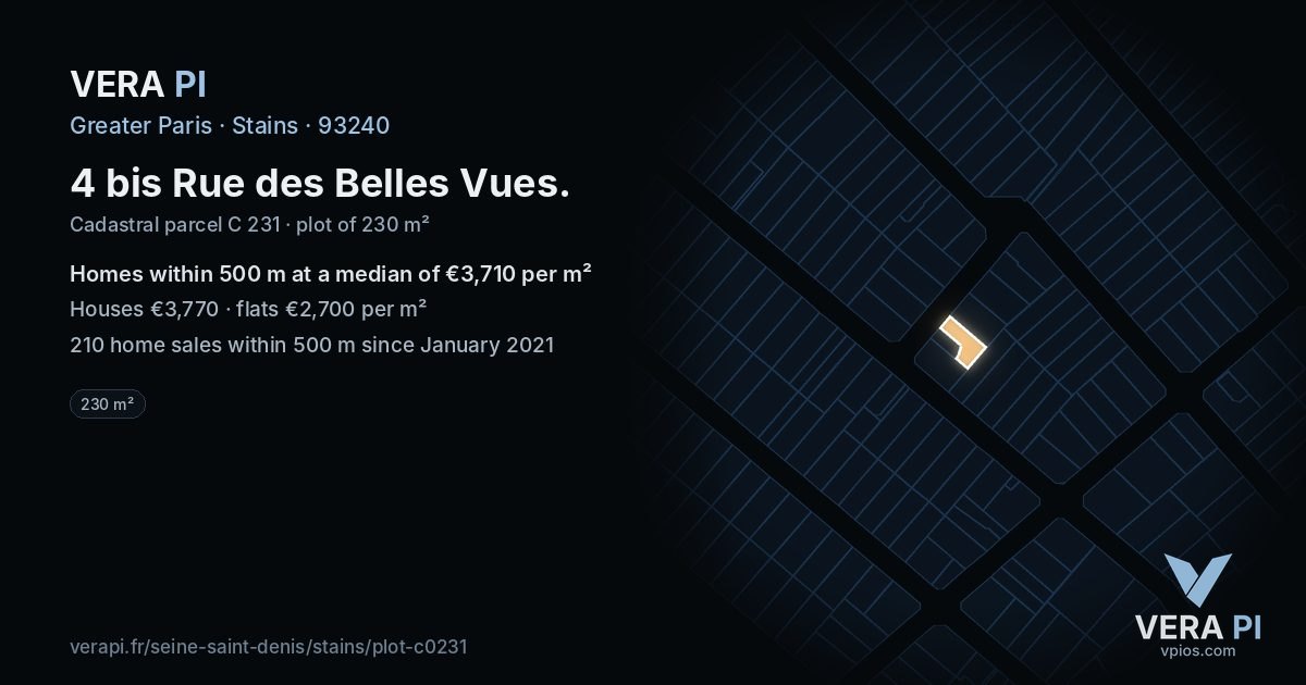 4 bis Rue des Belles Vues, Stains at night – the plot lit, the parcels around coloured by the prices near them