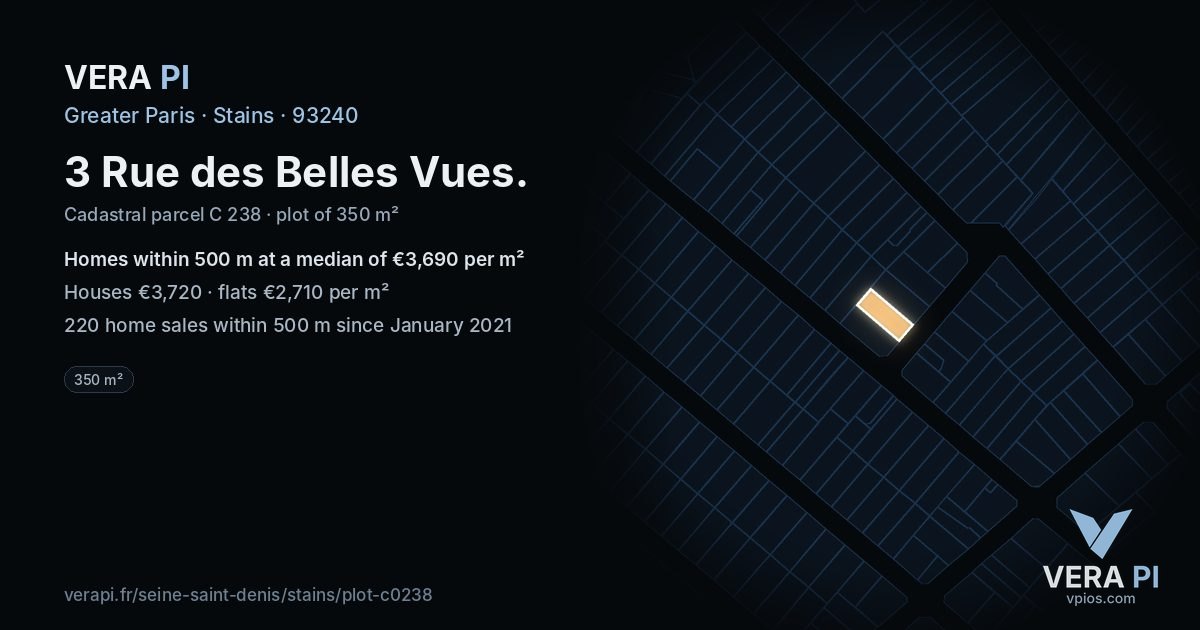 3 Rue des Belles Vues, Stains at night – the plot lit, the parcels around coloured by the prices near them