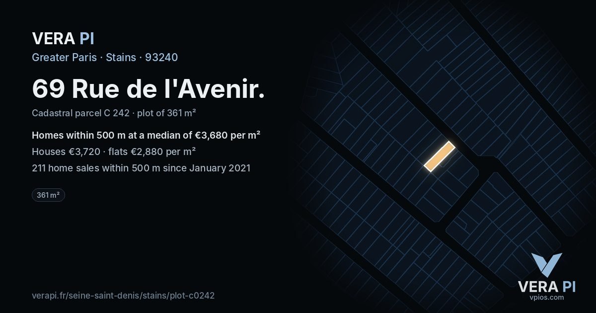 69 Rue de l'Avenir, Stains at night – the plot lit, the parcels around coloured by the prices near them