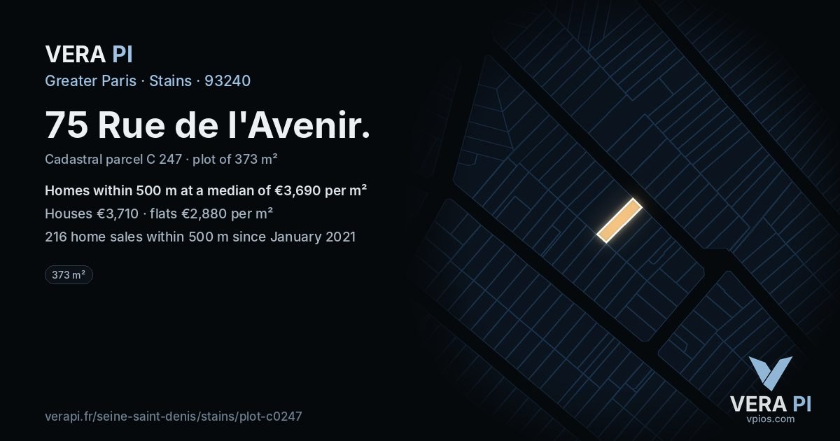 75 Rue de l'Avenir, Stains at night – the plot lit, the parcels around coloured by the prices near them