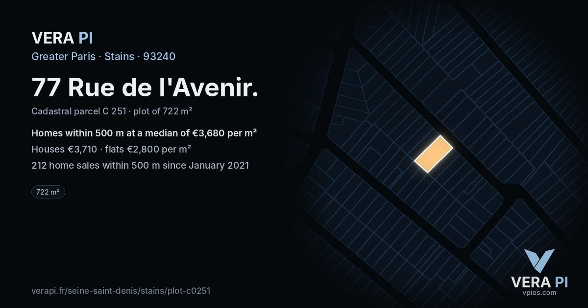 77 Rue de l'Avenir, Stains at night – the plot lit, the parcels around coloured by the prices near them