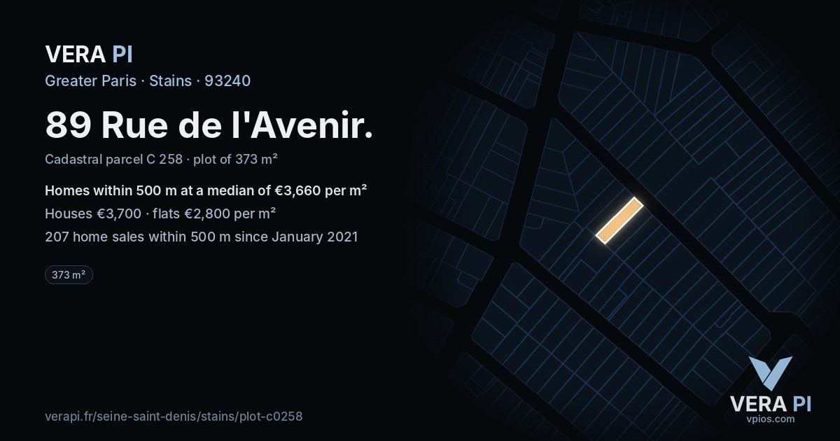 89 Rue de l'Avenir, Stains at night – the plot lit, the parcels around coloured by the prices near them