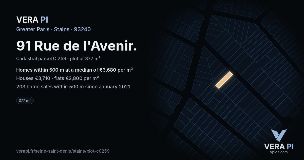 91 Rue de l'Avenir, Stains at night – the plot lit, the parcels around coloured by the prices near them