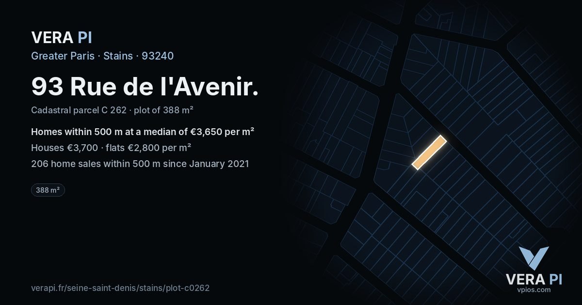 93 Rue de l'Avenir, Stains at night – the plot lit, the parcels around coloured by the prices near them