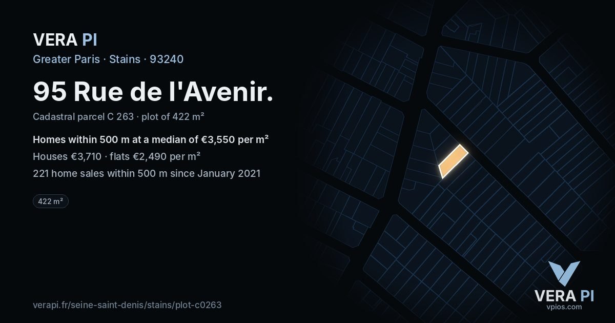 95 Rue de l'Avenir, Stains at night – the plot lit, the parcels around coloured by the prices near them