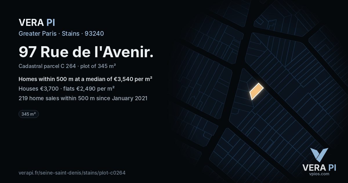 97 Rue de l'Avenir, Stains at night – the plot lit, the parcels around coloured by the prices near them