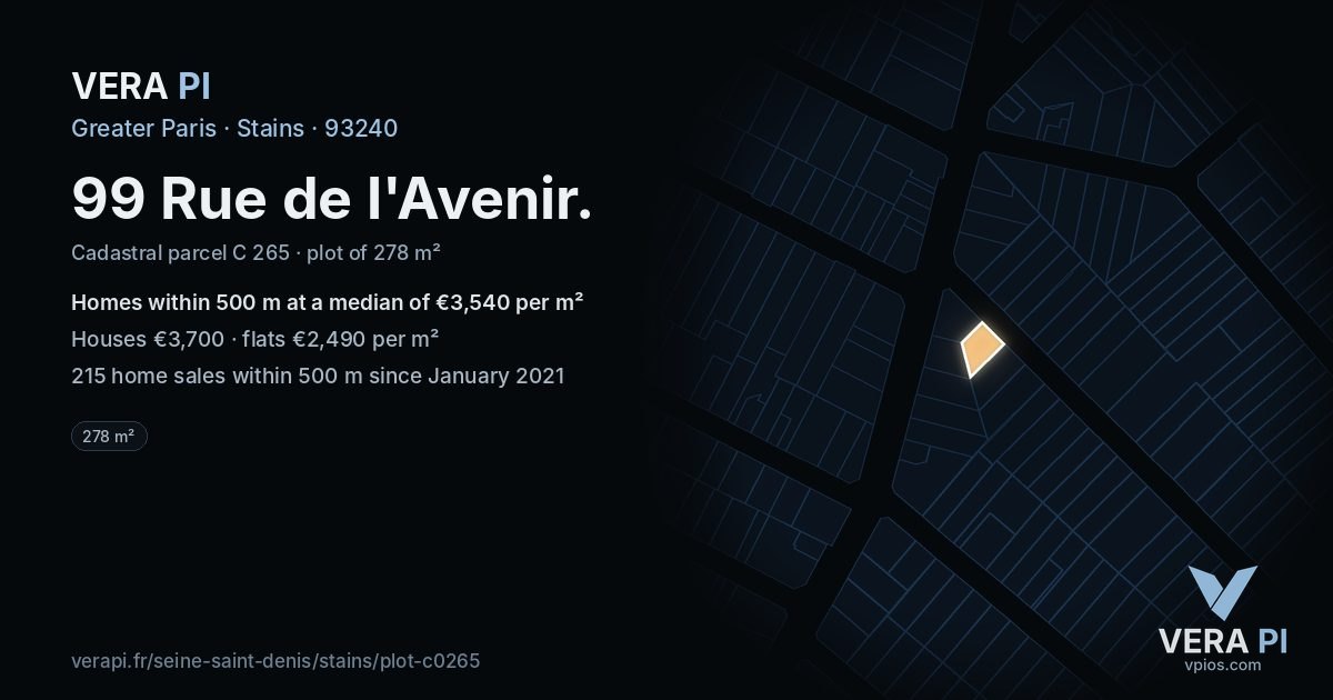 99 Rue de l'Avenir, Stains at night – the plot lit, the parcels around coloured by the prices near them
