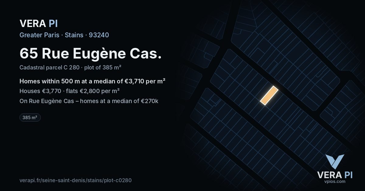 65 Rue Eugène Cas, Stains at night – the plot lit, the parcels around coloured by the prices near them