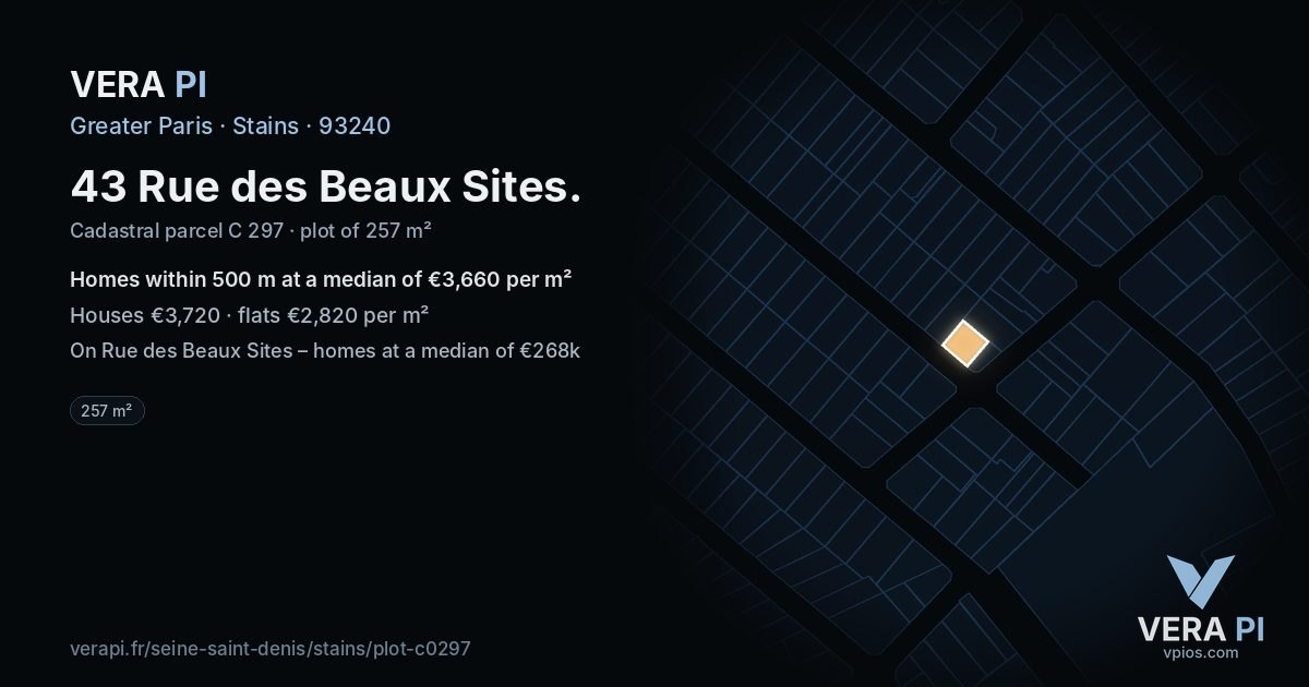 43 Rue des Beaux Sites, Stains at night – the plot lit, the parcels around coloured by the prices near them