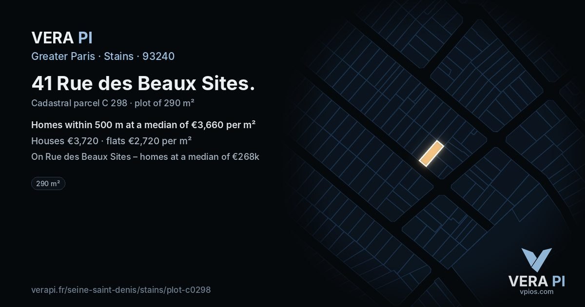 41 Rue des Beaux Sites, Stains at night – the plot lit, the parcels around coloured by the prices near them