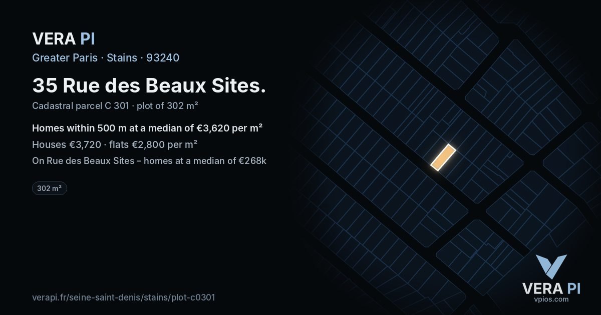 35 Rue des Beaux Sites, Stains at night – the plot lit, the parcels around coloured by the prices near them