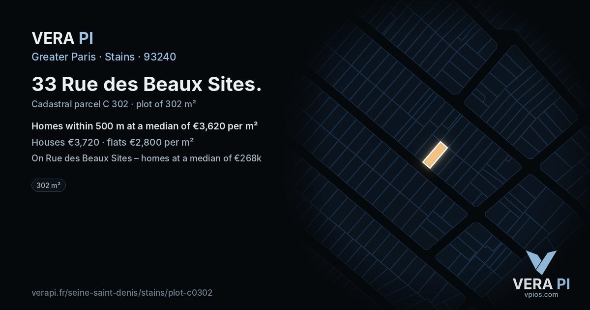 33 Rue des Beaux Sites, Stains at night – the plot lit, the parcels around coloured by the prices near them