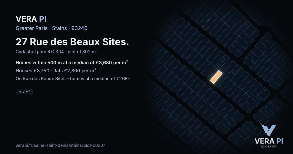 27 Rue des Beaux Sites, Stains at night – the plot lit, the parcels around coloured by the prices near them