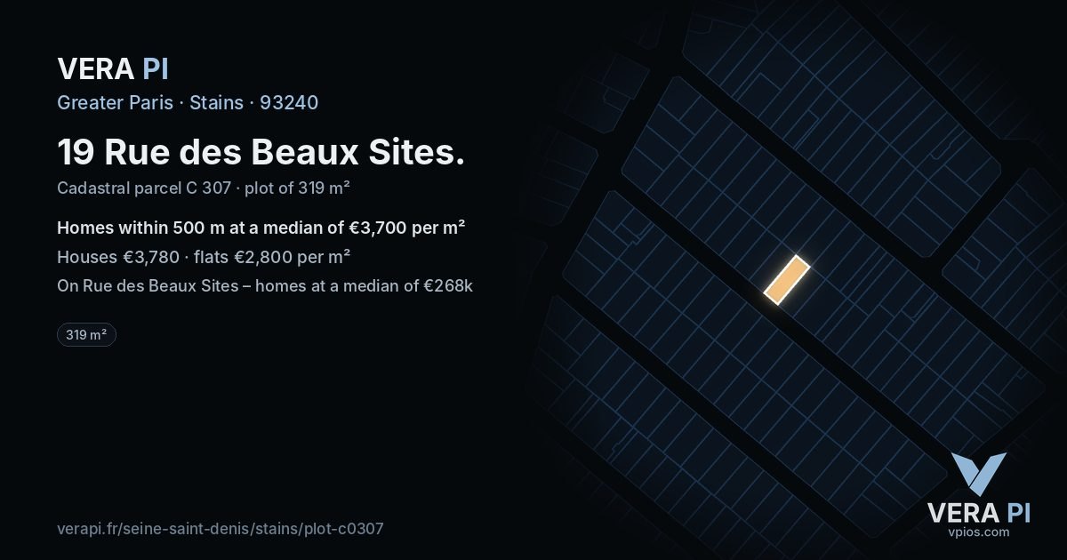 19 Rue des Beaux Sites, Stains at night – the plot lit, the parcels around coloured by the prices near them