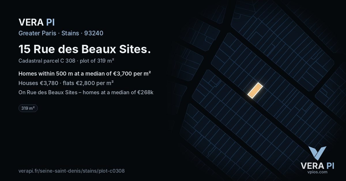 15 Rue des Beaux Sites, Stains at night – the plot lit, the parcels around coloured by the prices near them