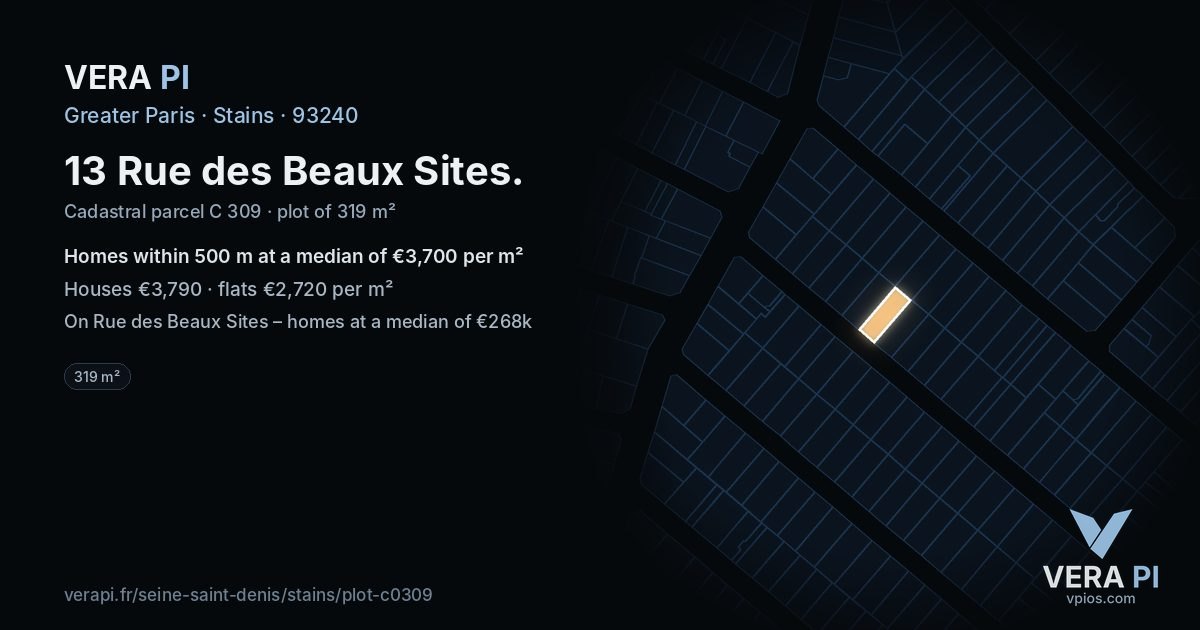 13 Rue des Beaux Sites, Stains at night – the plot lit, the parcels around coloured by the prices near them