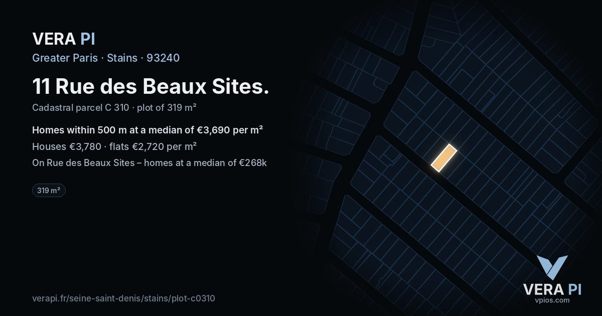 11 Rue des Beaux Sites, Stains at night – the plot lit, the parcels around coloured by the prices near them