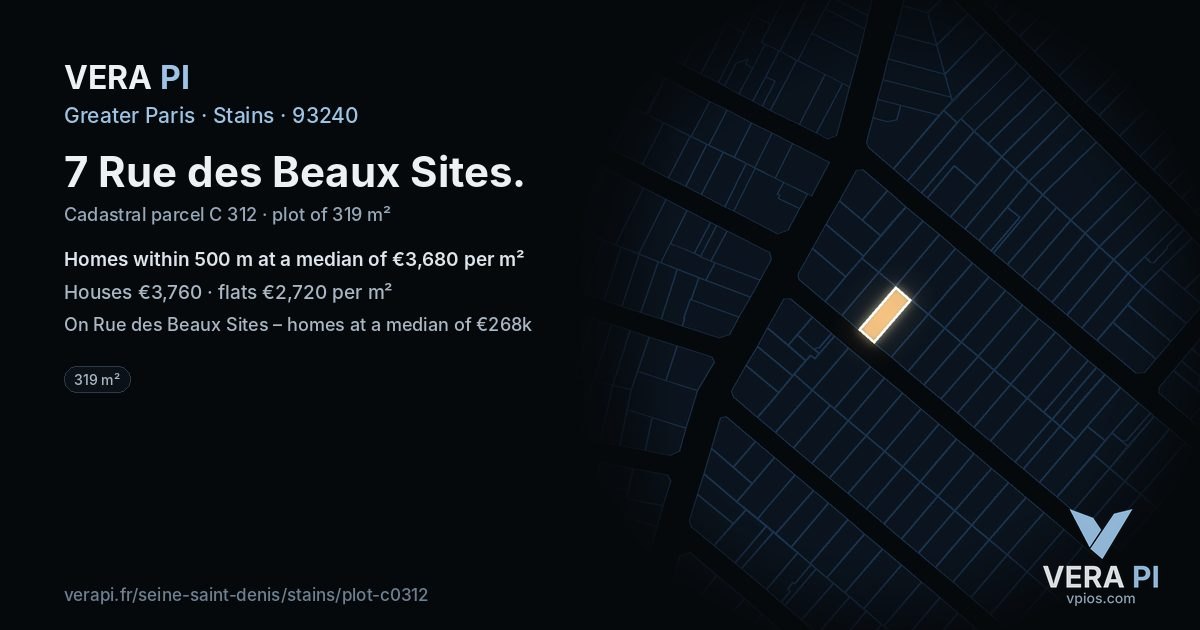 7 Rue des Beaux Sites, Stains at night – the plot lit, the parcels around coloured by the prices near them
