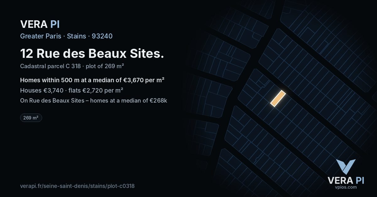12 Rue des Beaux Sites, Stains at night – the plot lit, the parcels around coloured by the prices near them