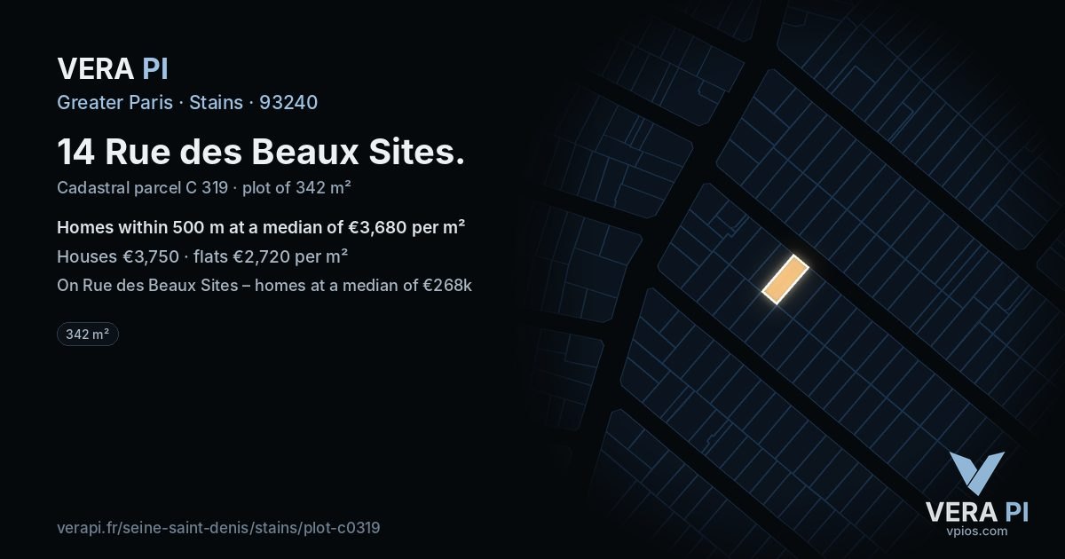 14 Rue des Beaux Sites, Stains at night – the plot lit, the parcels around coloured by the prices near them