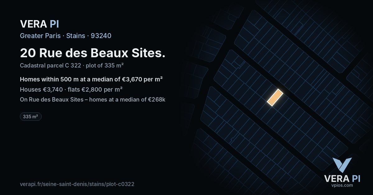 20 Rue des Beaux Sites, Stains at night – the plot lit, the parcels around coloured by the prices near them