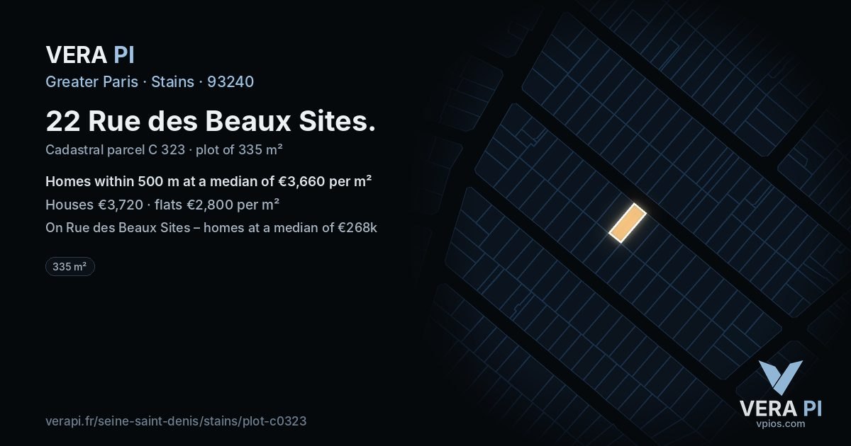 22 Rue des Beaux Sites, Stains at night – the plot lit, the parcels around coloured by the prices near them