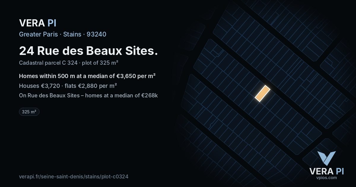 24 Rue des Beaux Sites, Stains at night – the plot lit, the parcels around coloured by the prices near them