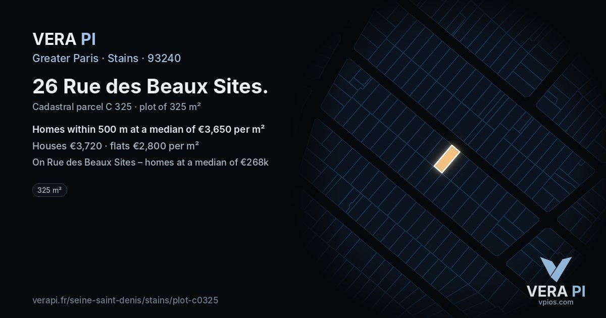 26 Rue des Beaux Sites, Stains at night – the plot lit, the parcels around coloured by the prices near them