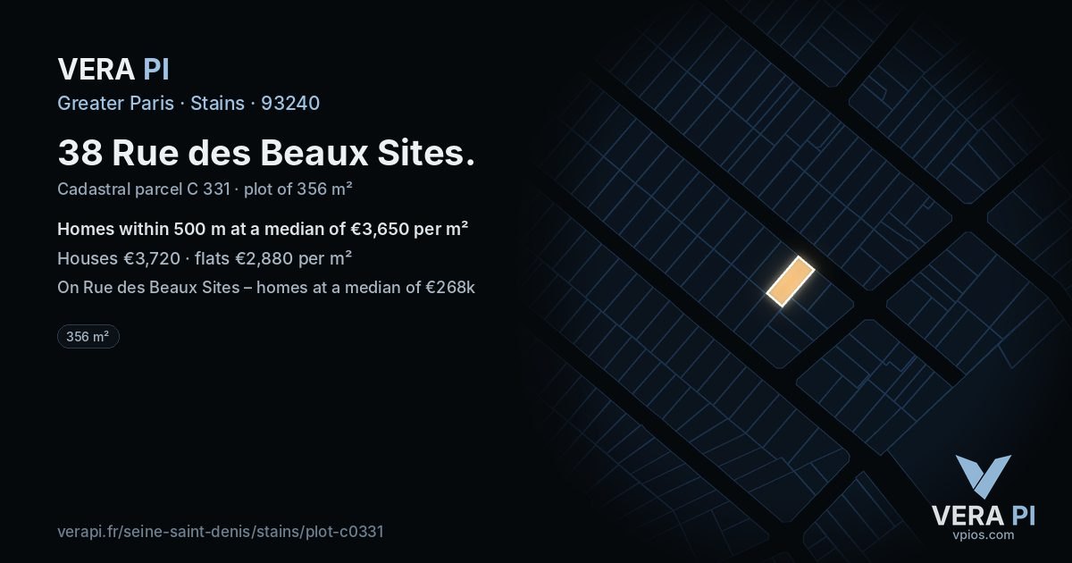 38 Rue des Beaux Sites, Stains at night – the plot lit, the parcels around coloured by the prices near them