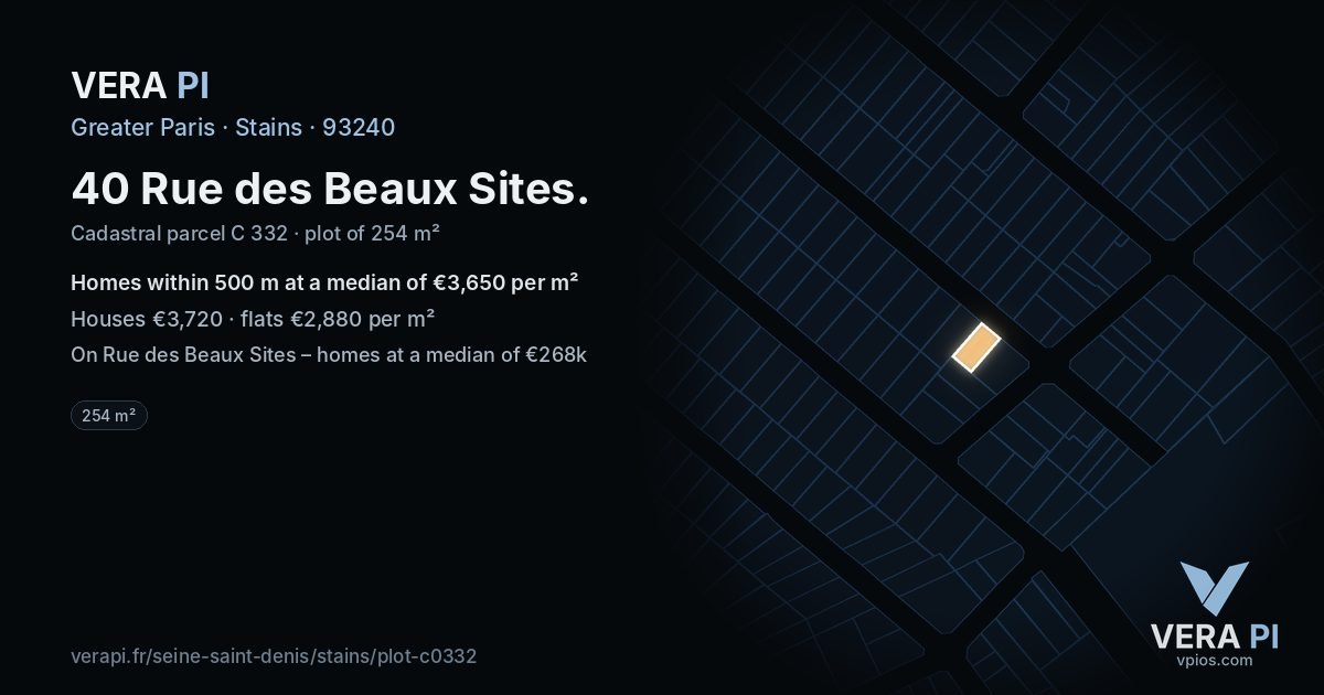 40 Rue des Beaux Sites, Stains at night – the plot lit, the parcels around coloured by the prices near them