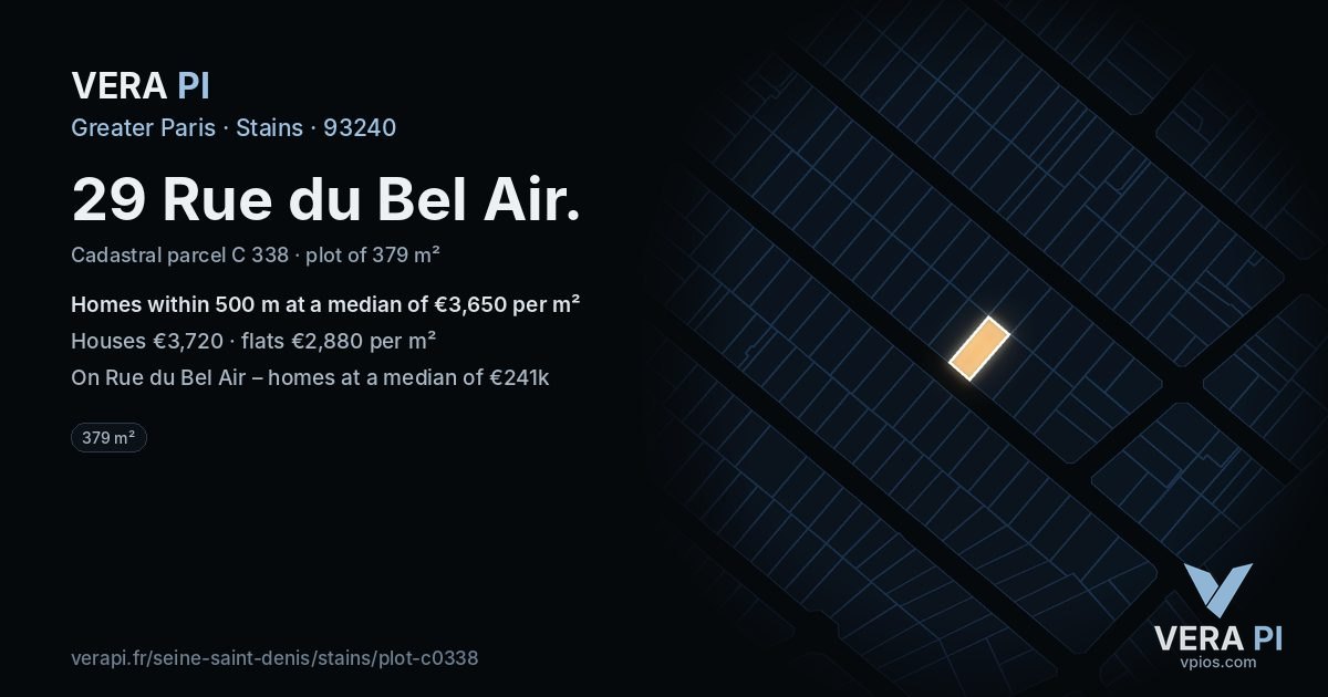 29 Rue du Bel Air, Stains at night – the plot lit, the parcels around coloured by the prices near them