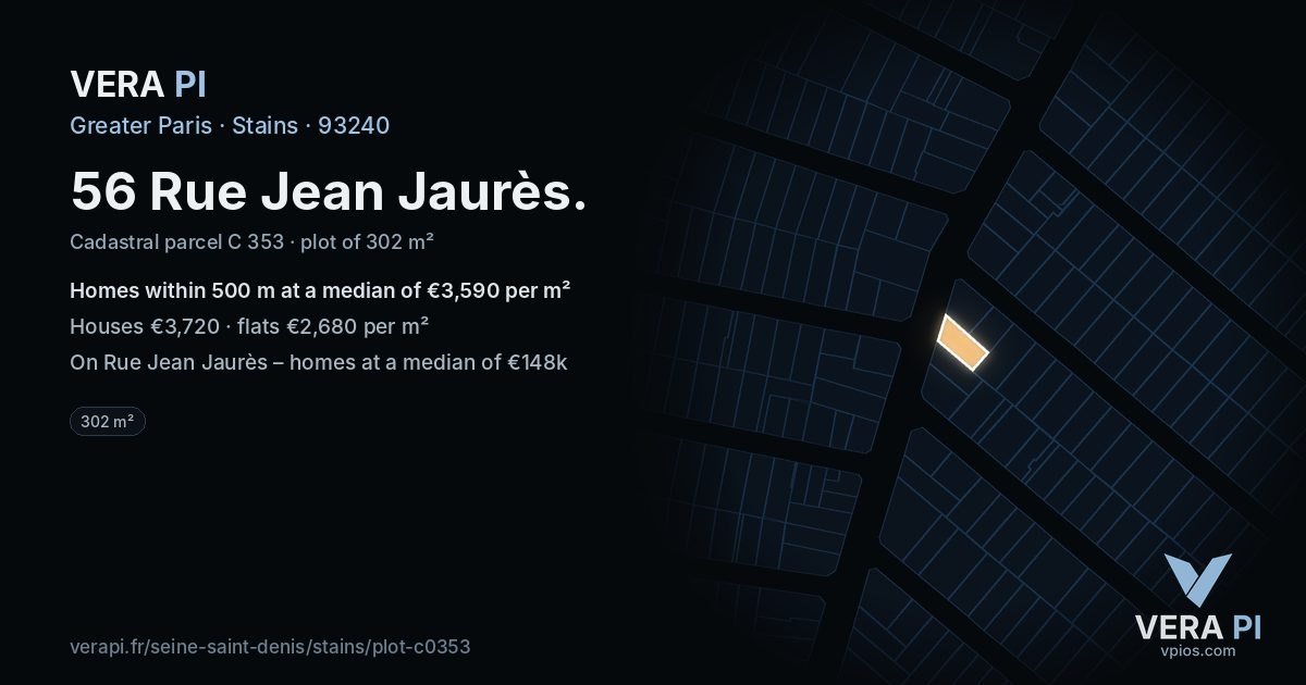 56 Rue Jean Jaurès, Stains at night – the plot lit, the parcels around coloured by the prices near them