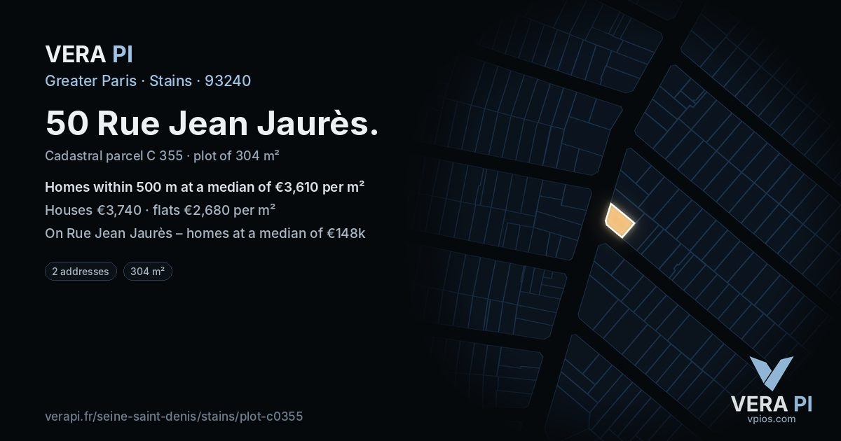 50 Rue Jean Jaurès, Stains at night – the plot lit, the parcels around coloured by the prices near them