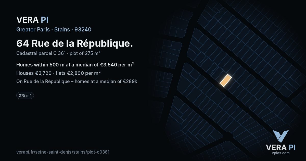 64 Rue de la République, Stains at night – the plot lit, the parcels around coloured by the prices near them