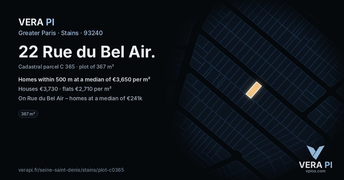 22 Rue du Bel Air, Stains at night – the plot lit, the parcels around coloured by the prices near them
