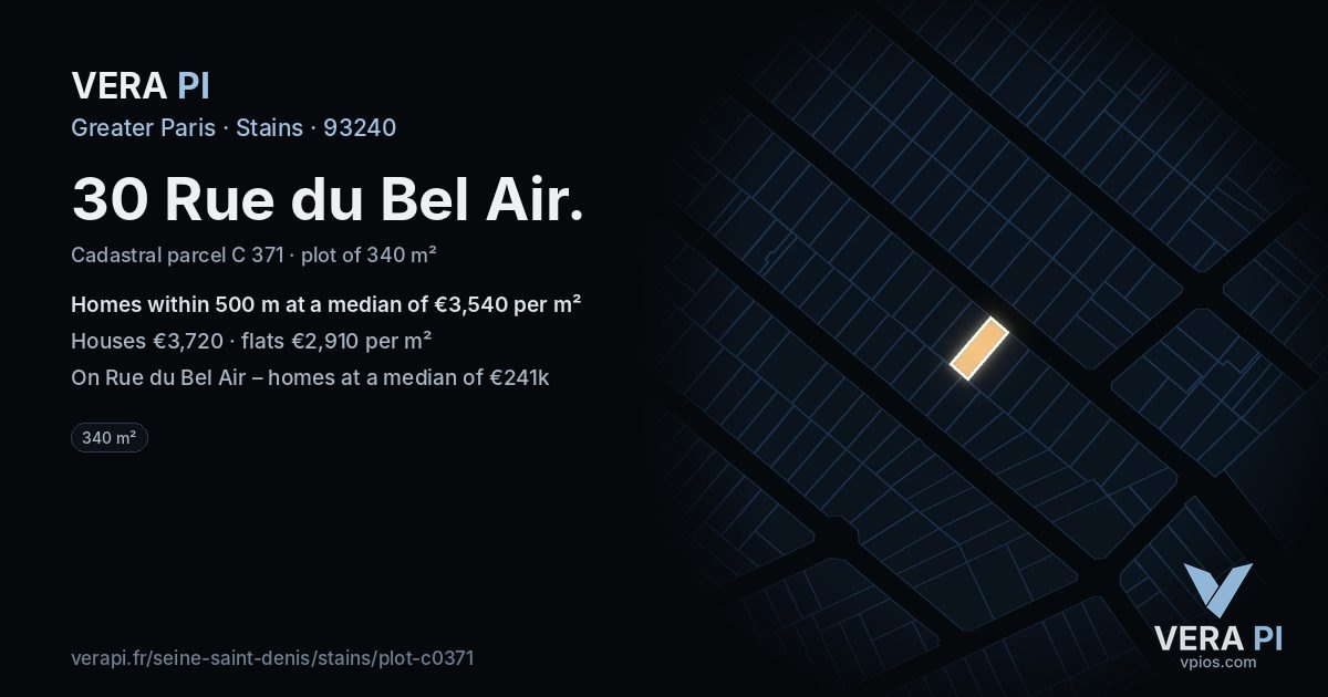 30 Rue du Bel Air, Stains at night – the plot lit, the parcels around coloured by the prices near them