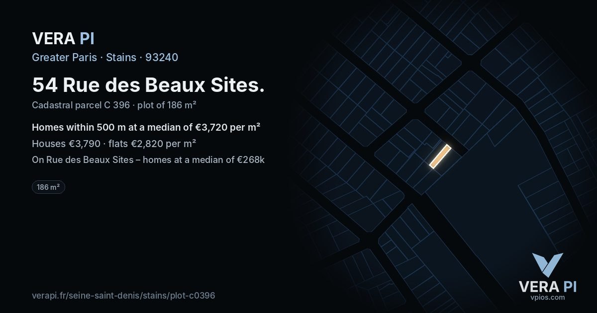 54 Rue des Beaux Sites, Stains at night – the plot lit, the parcels around coloured by the prices near them