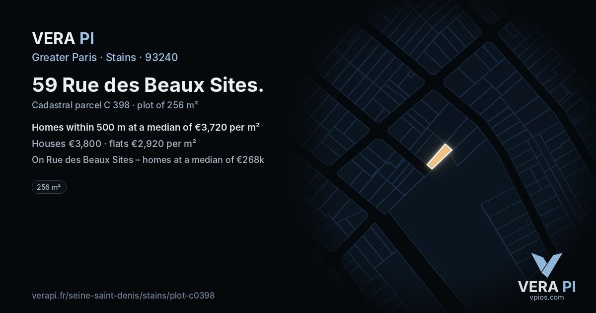 59 Rue des Beaux Sites, Stains at night – the plot lit, the parcels around coloured by the prices near them