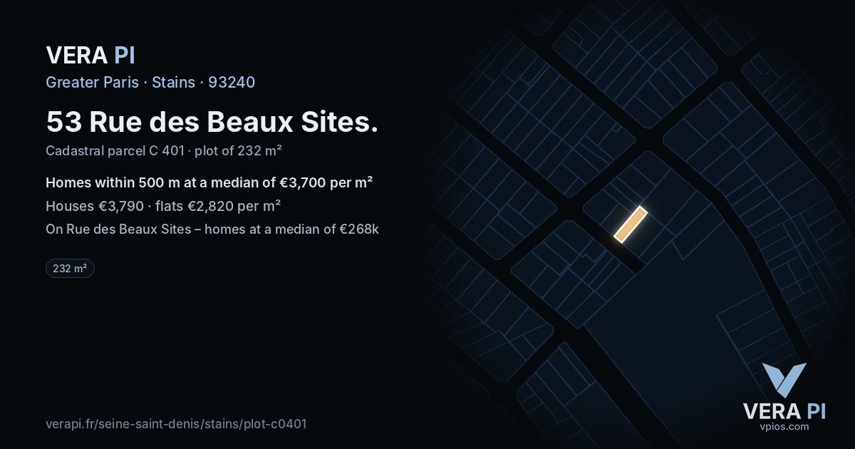 53 Rue des Beaux Sites, Stains at night – the plot lit, the parcels around coloured by the prices near them