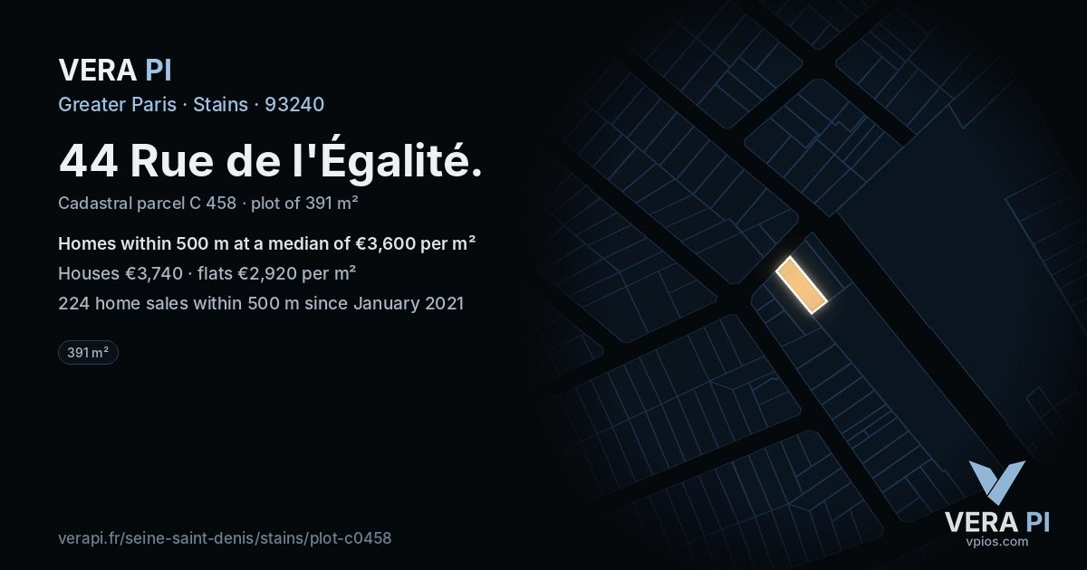 44 Rue de l'Égalité, Stains at night – the plot lit, the parcels around coloured by the prices near them