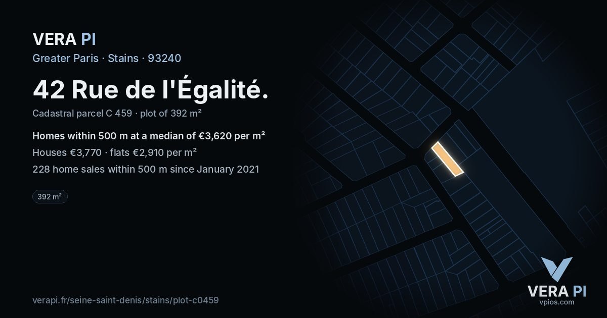 42 Rue de l'Égalité, Stains at night – the plot lit, the parcels around coloured by the prices near them