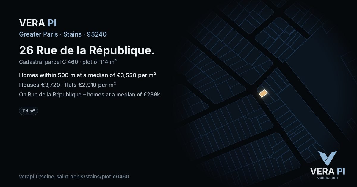 26 Rue de la République, Stains at night – the plot lit, the parcels around coloured by the prices near them