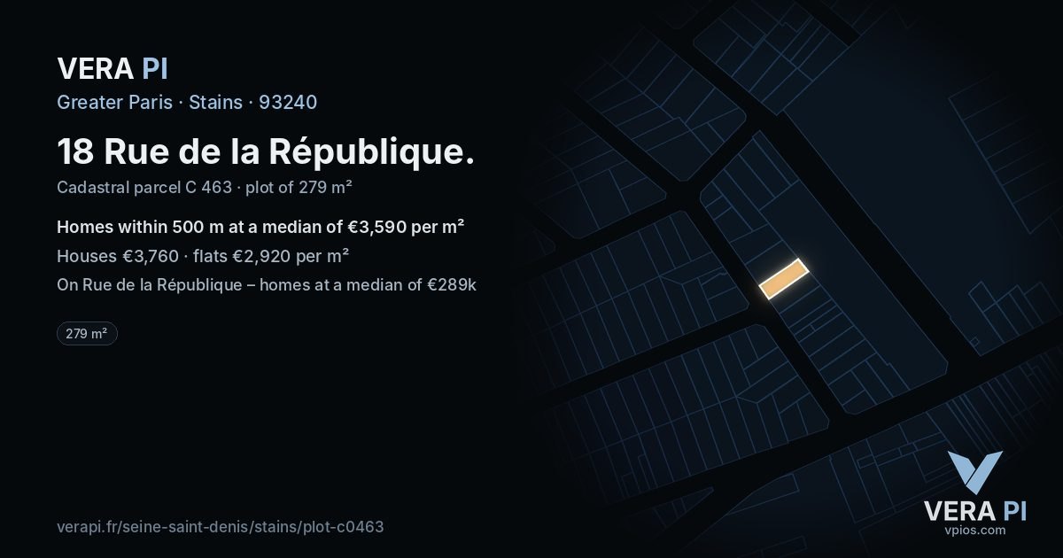18 Rue de la République, Stains at night – the plot lit, the parcels around coloured by the prices near them