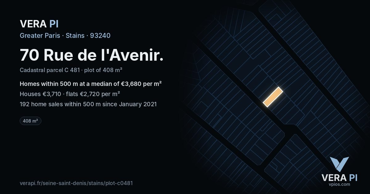 70 Rue de l'Avenir, Stains at night – the plot lit, the parcels around coloured by the prices near them